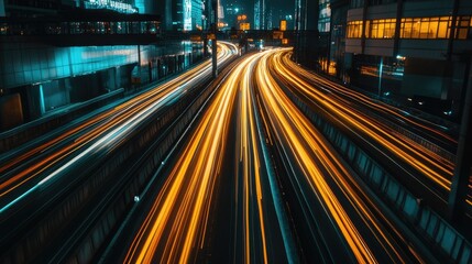 Long exposure of Shanghai highways at night with glowing light trails and illuminated buildings