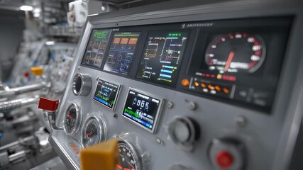 Futuristic control panel with digital displays and analog gauges indicates system stability, suggesting advanced technological monitoring in an industrial or scientific setting - Powered by Adobe