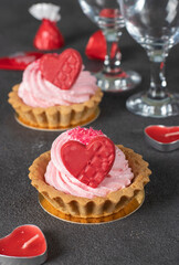 Sand baskets with protein cream and chocolate hearts for Valentine's Day