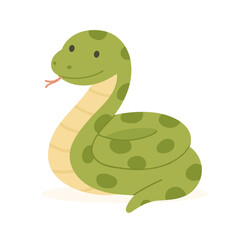 Smiling cartoon anaconda in cute pose, green snake illustration with spots, anaconda perfect for educational designs, jungle themes, or animal alphabet learning materials.