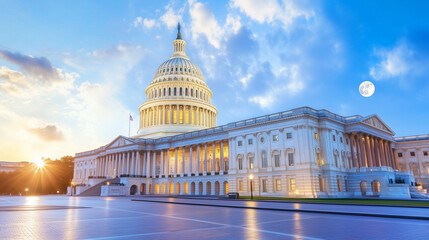 US Capitol building shining at night in Washington DC with dome and flag under a clear sky