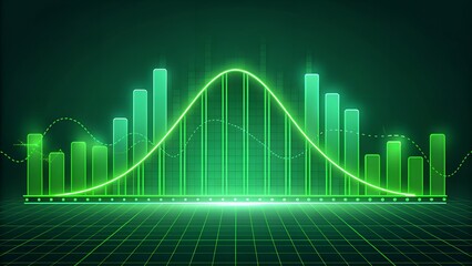 A digital illustration featuring a vibrant green bar chart, some bars appearing taller than others, centered around a bright, glowing green bell curve. The chart is set against a dark green.