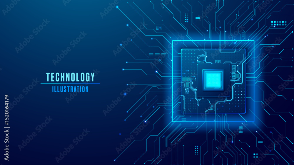 Aufkleber Semiconductor with light blue electronics components. Futuristic circuit board background. Abstract digital AI chip concept. Technology background with empty text left side. Vector tech illustration