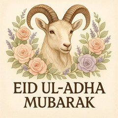 Eid ul-Adha Mubarak Cute Goat with Roses and Lavender