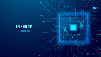 Semiconductor with light blue electronics components. Futuristic circuit board background. Abstract digital AI chip concept. Technology background with empty text left side. Vector tech illustration
