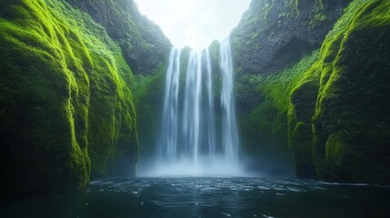 Serene Mossy Waterfall Cascading into Still Pool