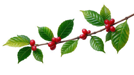 Coffee branch with red berries and green leaves isolated on transparent background