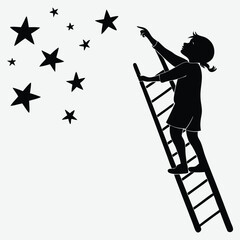 A child reaching for stars with a ladder  silhouette image vector art and illustration  © Shahanaz