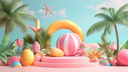 Easter eggs and colorful spring flowers arranged on grass and beach scenes in a festive seasonal celebration