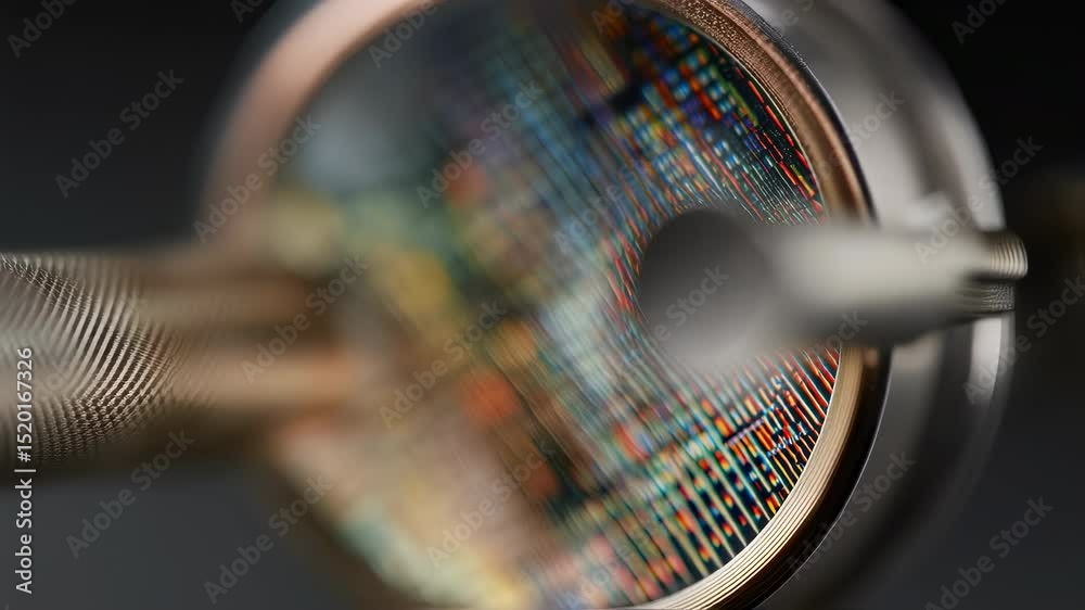 Poster magnifying glass showing surface details of microchip rotating, revealing complex structure and colo