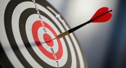 Red dart stuck in the bullseye of a dartboard. Achieving success and reaching a target goal. Concept of accuracy, precision, and focus for business strategy.