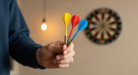 Man holding three colorful darts, yellow, red, and blue, ready to throw at a dartboard for game or sport.