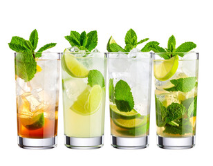 Isolated PNG image of bundle of Moscow Mule, Mint Julep, Caipirinha, and Gin Rickey cocktails.
