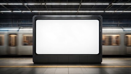 Obraz premium Empty advertisement display in NYC subway station. Fast moving train visible in background. Modern marketing media template. Mock up poster. Vertical design. Realistic 3D render. Ideal for urban
