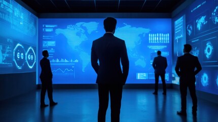 Business Professionals Analyzing Data on Digital Screens in Office