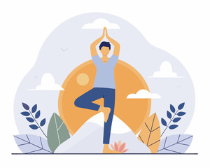 Silhouette of a person meditating in tree pose on a mountain at sunrise, evoking calm and well-being.