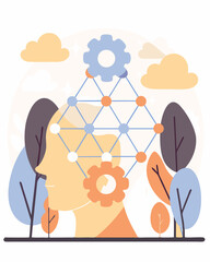 Pastel tech network with connecting nodes and icons, symbolizing innovation.