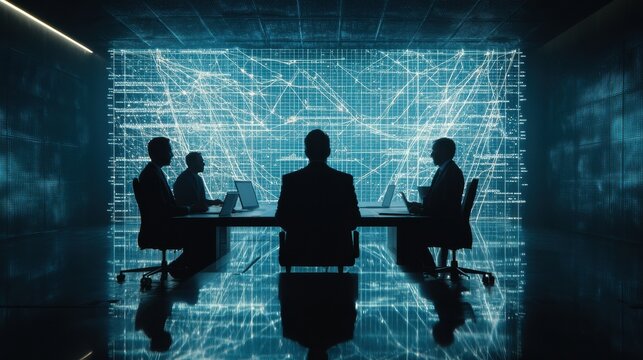Business Team Analyzing Data with Digital Projection in Dark Room