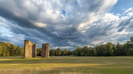 Long view of the forest park with dramatic cloudscape and layered stone towers