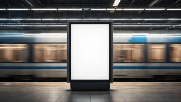 Empty advertisement display in NYC subway station. Fast moving train visible in background. Modern marketing media template. Mock up poster. Vertical design. Realistic 3D render. Ideal for urban