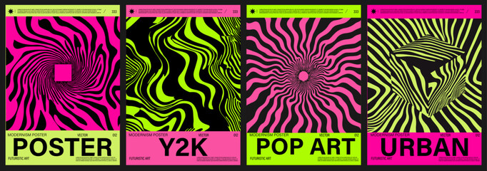 Vector posters in a modern Y2K pop art style, using neon palette with black hypnotic lines, waves, and optical illusions, reflecting current retro-futuristic trends in design.