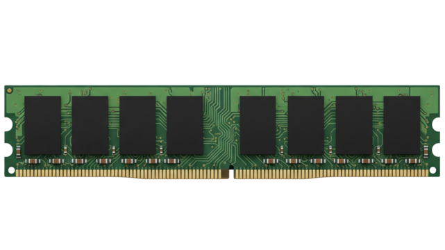 A RAM module: green PCB, black chips, neutral design, matte, frontally lit, no shine, transparent background.