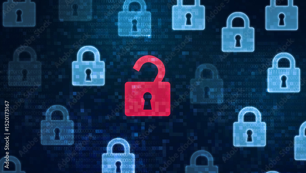 Poster security breach concept. red open padlock icon among closed padlocks on digital screen as a symbol o
