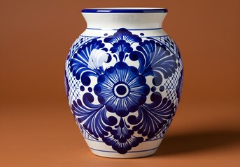 Mexican Talavera Vase with Cobalt Blue Filigree