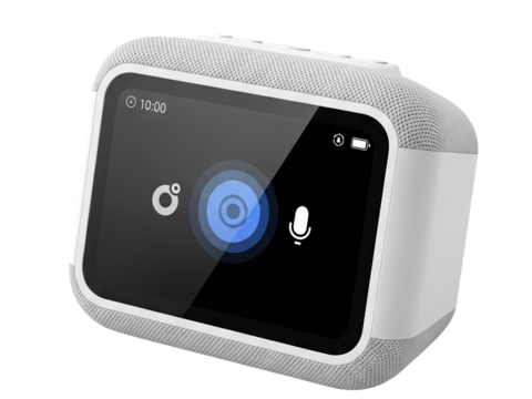 A compact home assistant device with voice control interface, matte texture, frontally illuminated, no reflections, transparent background - Powered by Adobe