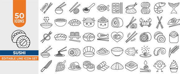 50 Sushi and Seafood Line Icons – Editable Stroke Vector Set with Chopsticks, Rice, Nori, Caviar, and Sushi Rolls