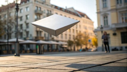 Obraz premium Square object levitating above cobbled street in city environment, blending reality with surreal futuristic floating design.