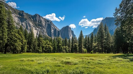 Lush valley floor surrounded by steep cliffs and towering vertical formations covered in trees