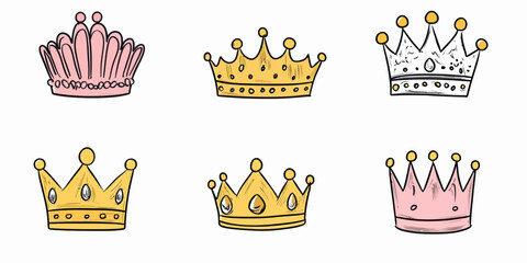 Set of six hand drawn doodle crowns in pink and yellow gold with jewels and simple line art style isolated on white background vector illustration royalty tiara regal accessories collection
