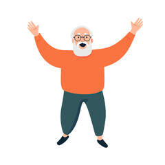 Cheerful elderly man with white beard and glasses in orange sweater celebrating with raised arms vector flat minimalistic illustration isolated on white background