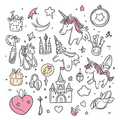Hand drawn unicorn princess set with castles crowns hearts stars magical fantasy fairy tale doodles in flat minimalist vector style for children design and decoration