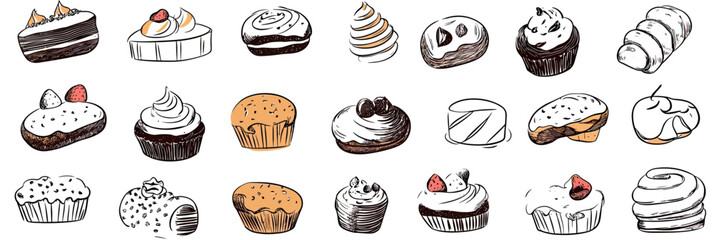 Hand drawn doodle assorted desserts cupcakes muffins pastries with cream strawberries and chocolate minimalist vector illustration food bakery sweets collection set