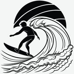 A surfer riding a wave during sunset silhouette image vector art and illustration	