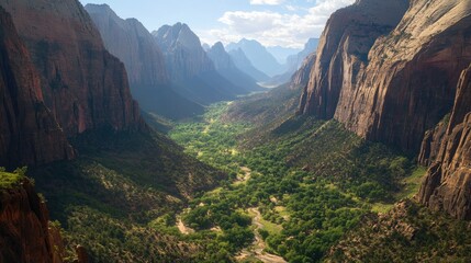 Lush valley floor surrounded by steep cliffs and towering vertical formations covered in trees