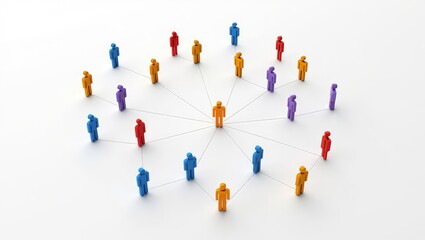 Colorful figures of people interconnected by lines create visual representation of teamwork, networking. Central figure stands out among many individuals leadership, connection. Illustration shows