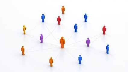 Colorful figures of people interconnected by lines create visual representation of teamwork, networking. Central figure stands out among many individuals leadership, connection. Illustration shows