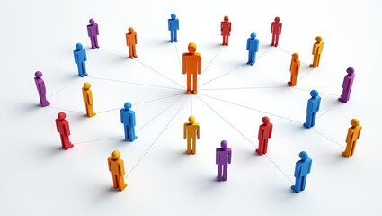 Colorful figures of people interconnected by lines create visual representation of teamwork, networking. Central figure stands out among many individuals leadership, connection. Illustration shows