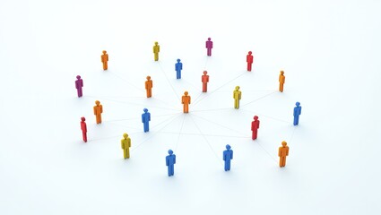 Colorful figures of people interconnected by lines create visual representation of teamwork, networking. Central figure stands out among many individuals leadership, connection. Illustration shows