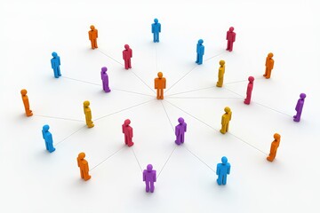 Colorful figures of people interconnected by lines create visual representation of teamwork, networking. Central figure stands out among many individuals leadership, connection. Illustration shows