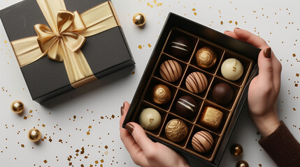 elegant gift box of assorted gourmet chocolates, black and gold packaging, clean white background, high-end product mockup, top-down view