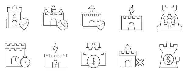Vector castle icon set with security symbols, medieval theme, modern graphic design
