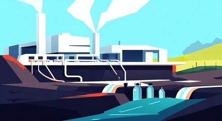 Underground Geothermal Energy System with Gas Bottles, Smoke, and Green Grassland Background