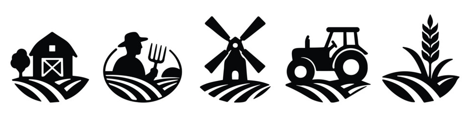 Farming and agriculture logotype icon set in silhouette style featuring windmills, fields, and barns representing rural countryside life