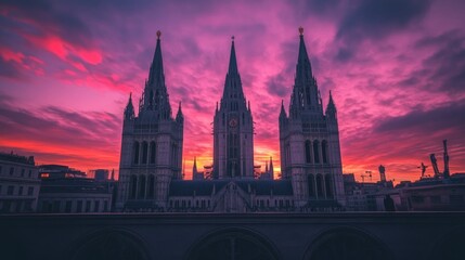 Majestic spires in silhouette against a dusky sky with fading ambient light