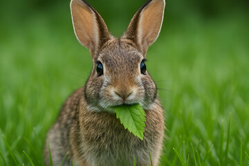 Fototapeta premium Cute wild rabbit eating a green leaf in a grassy field