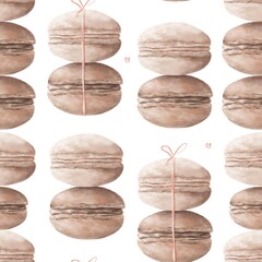 Chocolate macaroons seamless pattern. Hand drawn pattern of French dessert Macaroons
